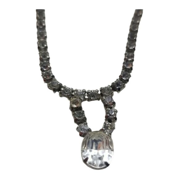 Rhinestone Necklace Choker  Length Drop Loop Silver Rhinestone Vintage Necklace - Picture 1 of 9